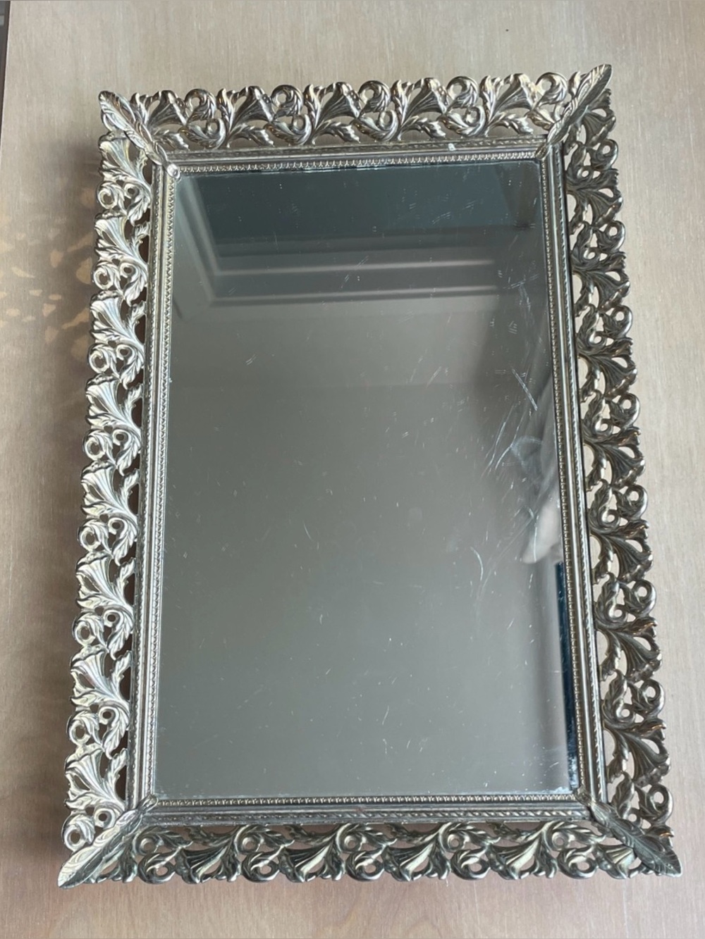 Vintage Brass Gold Filigree Vanity Mirror Tray 15x10” Standing Wall Decor